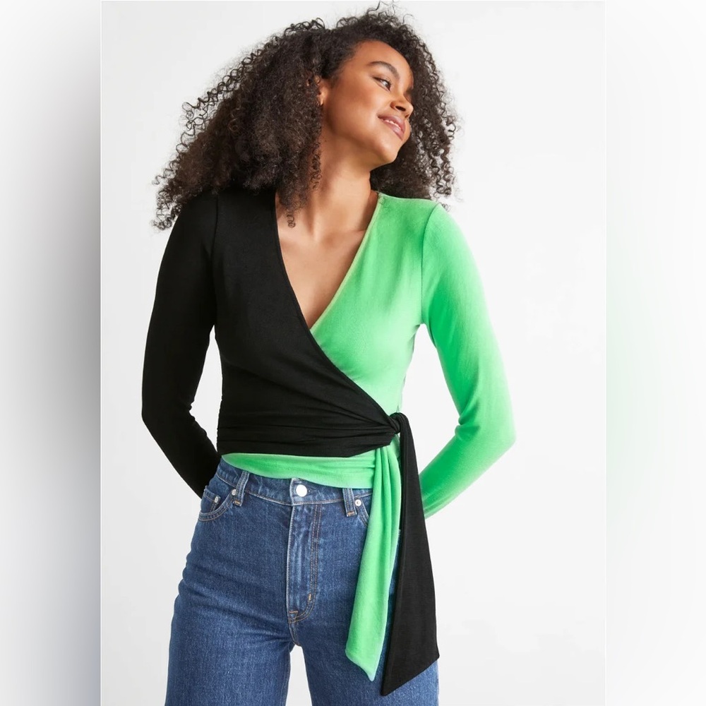 NWT & Other Stories Two Tone Wrap Long Sleeve Top in Black/Green